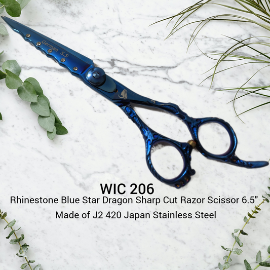 Rhinestone Blue Star Dragon Sharp Cut Razor Edge Scissor 6.5"